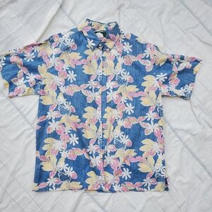 VINTAGE Chapman's Blue Pink‎ Yellow Floral Pastel Short Sleeve Button Down Sz:XL